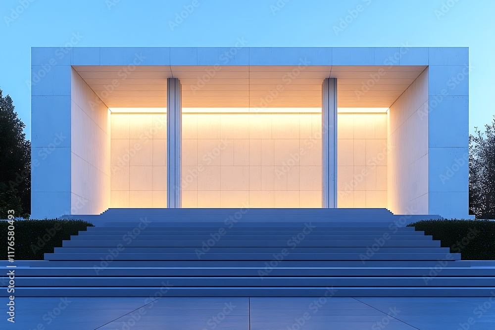 Aufkleber Modern Architectural Structure with Evening Lighting and Step Design : Generative AI