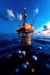 A striking offshore oil rig illuminated at dusk, surrounded by calm waters and reflecting lights, showcasing industrial activity against a serene sky.