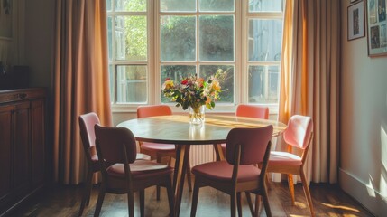 a table with four chairs and a vase of flowers