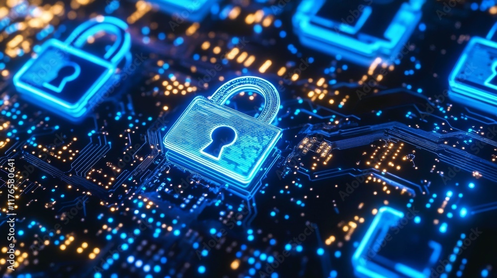 Poster cybersecurity concept with key elements