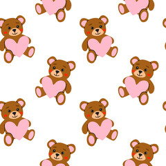 Fototapeta premium Cute brown teddy bears holding pink hearts create a playful repeating pattern