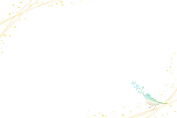 青い小鳥が花をプレゼントする爽やかなフレーム。水彩イラスト。