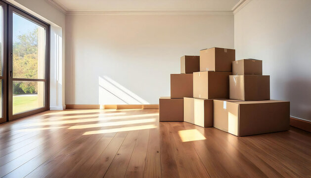 綺麗な部屋にある山積みの段ボール。窓から光が射す部屋と段ボール。A mountain of cardboard boxes in a beautiful room. A room with light shining through the window and cardboard boxes.