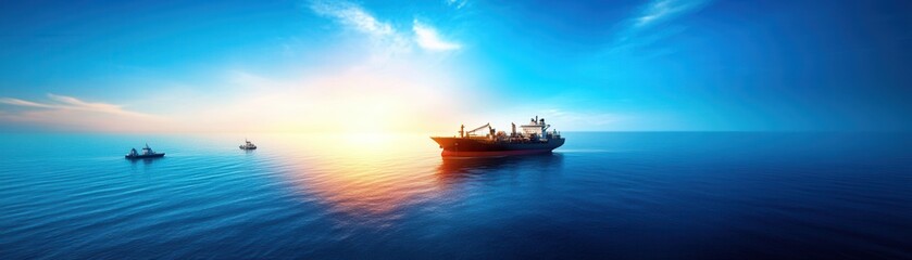 Obraz premium A serene seascape at sunset, featuring a ship and smaller boats silhouetted against a vibrant sky.