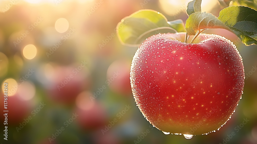 Poster ripe red apple on branch with dew in sunlit orchard : generative ai