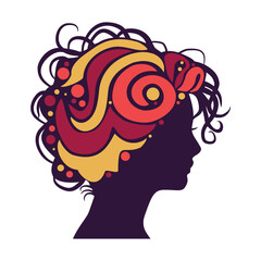 Stylized silhouette featuring an intricate and vibrant colorful hair design concept. Avatar profile sign decorated by ornamental pattern. Young woman face side view icon.