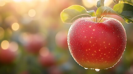 Ripe Red Apple on Branch with Dew in Sunlit Orchard : Generative AI