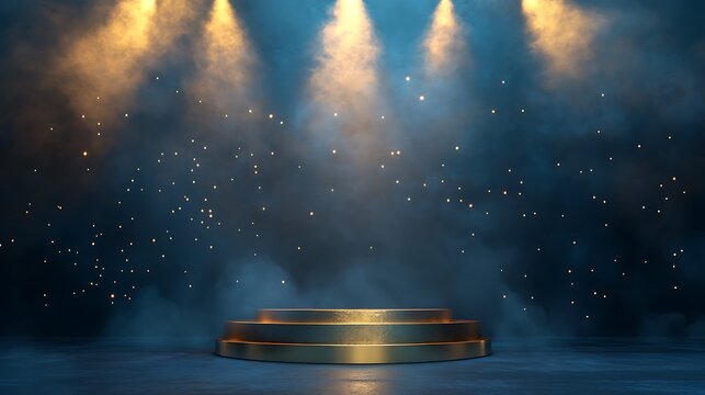 Elegant Gold Podium with Spotlights and Smoke Perfect for Award Ceremonies, Product Launches, or Presentations