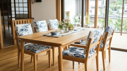 Obraz premium a dining room table with blue and white chairs
