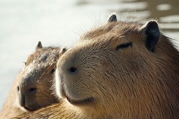 A close-up of a capybara family lounging by a riverbank