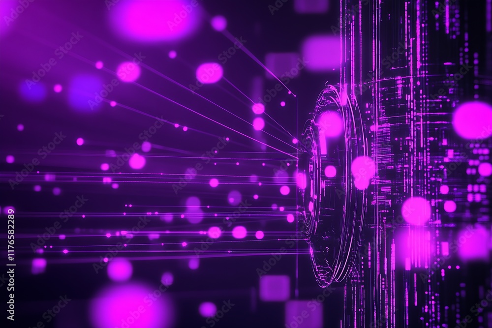 Leinwandbilder purple cybernetic lens light with streaming data and digital abstract background : generative ai