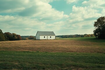 Obraz premium Small white house sits in grassy, autumnal field.