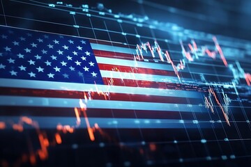 Advanced trading algorithms and US stock market data visualized with interactive American flag overlay : Generative AI