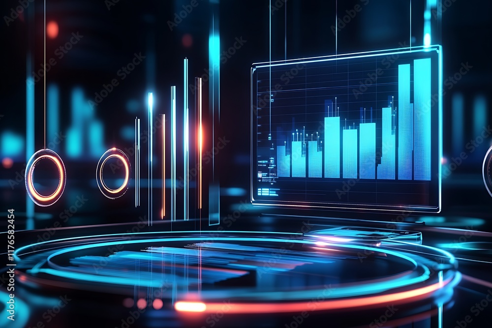 Poster futuristic data analytics dashboard with glowing blue and orange bar charts in a dark room : generat