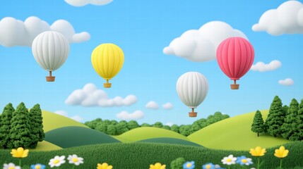 Naklejka premium Colorful Hot Air Balloons Floating Over Green Hills with Clouds