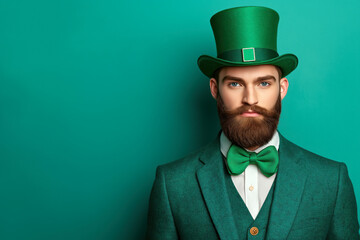 Elegant bearded man wearing green suit and top hat celebrating saint patrick's day