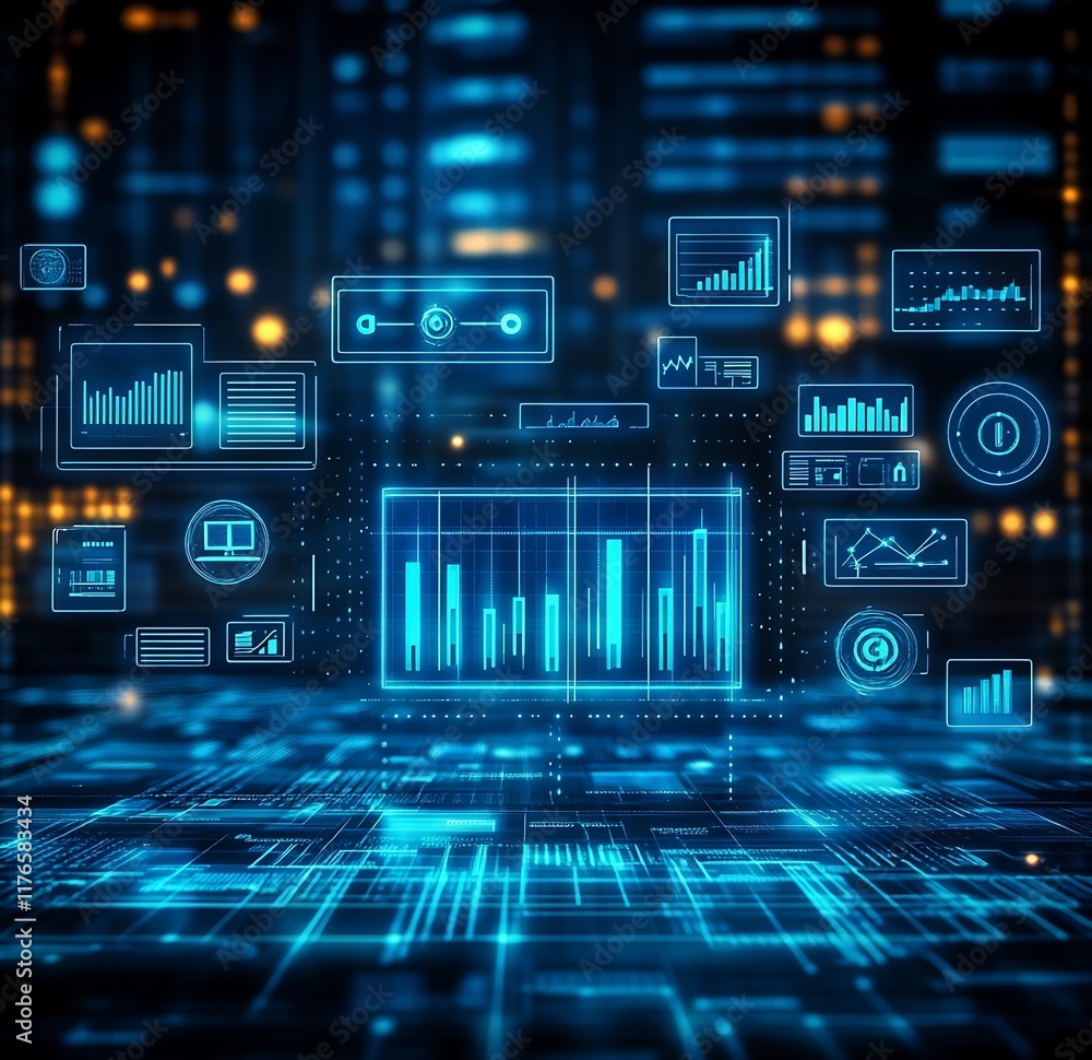 Poster High-Tech Analytics Interface with Graphical Data Elements : Generative AI