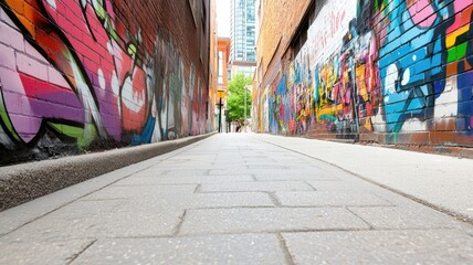 Fototapeta premium Vibrant graffiti decorates narrow urban alleyway between brick buildings