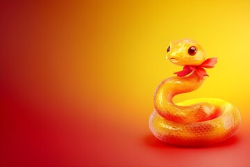 Fototapeta premium Cute Chinese Snake with bow 3D rendering as well as frosted graded translucent glass melt with red and yellow gradient background