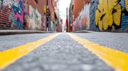 Fototapeta premium Urban alley with colorful graffiti walls and double yellow line on road