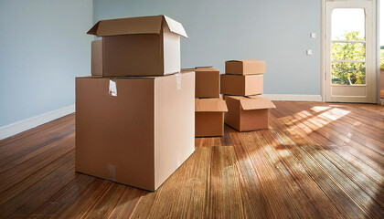 A mountain of cardboard boxes in a beautiful room. A room with light shining through the window and cardboard boxes.
