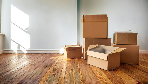 A mountain of cardboard boxes in a beautiful room. A room with light shining through the window and cardboard boxes.