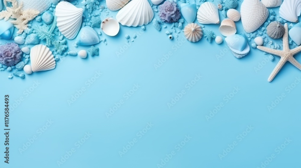 Poster serene blue background with decorative seashells and coastal elements for relaxing and calming visua