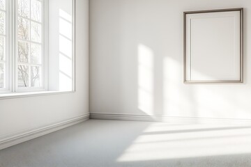 Fototapeta premium Minimalist room with single empty frame and natural light streaming through large windows : Generative AI
