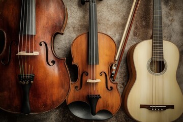 Fototapeta premium Three stringed instruments; cello, violin, guitar.