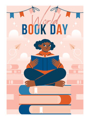 Dark-skinned girl sitting cross-legged on stack of books. Vertical banner template to World Book Day. Flat Design. Flyer design with cute cartoon female character. Vector modern illustration.