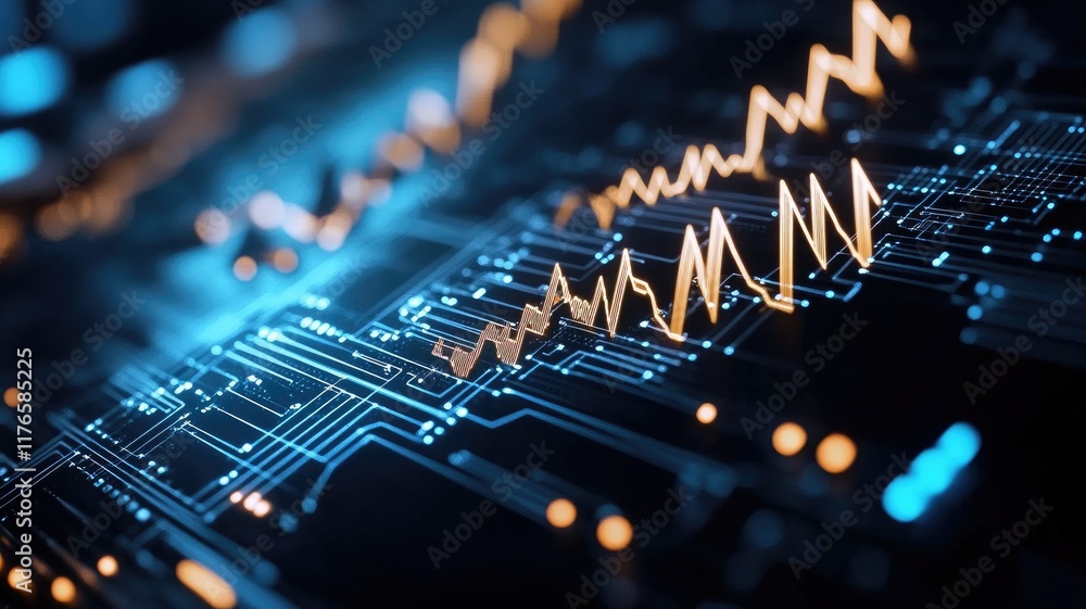 Poster abstract digital representation of financial data trends with electronic circuits and glowing graphs