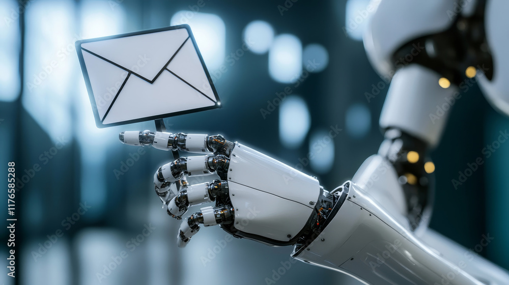 Poster robot smart helper with typing message sign above hand, friendly positive chatbot, ai helper isolate