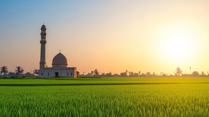 A serene landscape featuring a mosque amidst lush green fields at sunset.