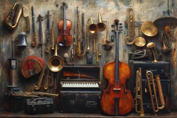 Naklejka premium Vintage musical instruments arranged on wall.
