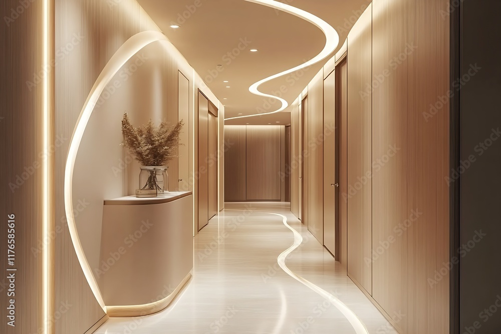 Poster elegant curved corridor in minimalist office space with ambient lighting : generative ai