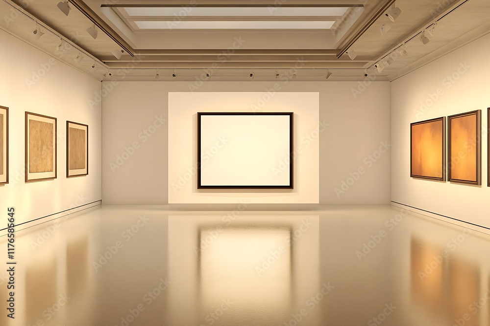 Poster modern minimalist art gallery interior with blank frame and reflective flooring : generative ai