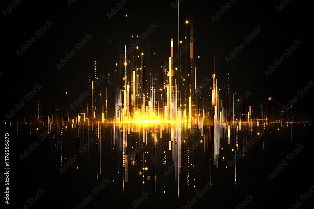 Poster luminous soundwave with golden particles and light on dark background for tech abstract art : genera