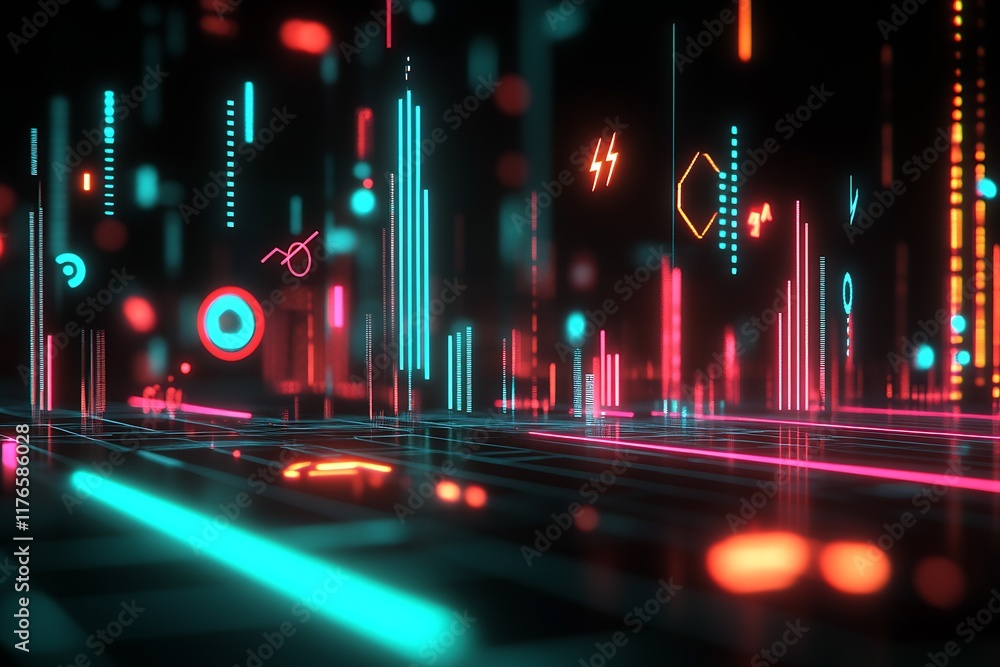 Poster Innovative Neon Cyber Data Streams and Patterns Illustrating Advanced Technology : Generative AI
