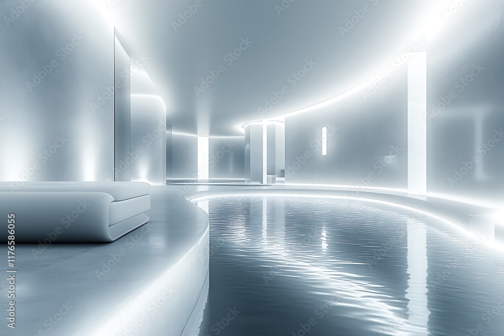 Poster Luxurious Ambient Poolside Area with Modern Architectural Design and Soft Lighting : Generative AI