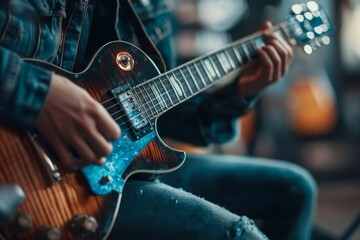 Obraz premium Person playing electric guitar, close-up view.