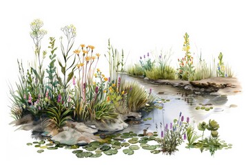 Serene wetland restoration project in harmonious tones of blue and green