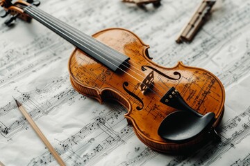 Fototapeta premium Violin rests on sheet music, pencil nearby.