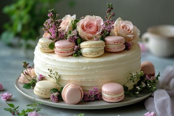 Elegant cake, pink roses, macarons, floral decorations.