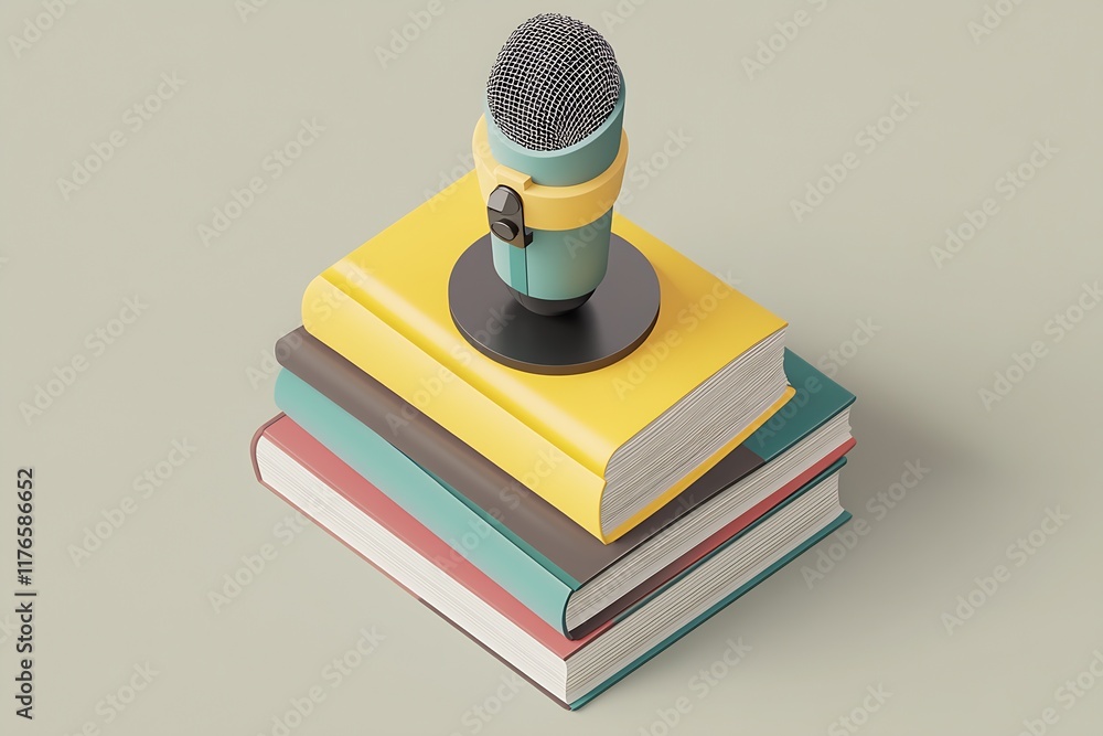 Poster retro microphone on colorful books education podcast learning concept : generative ai