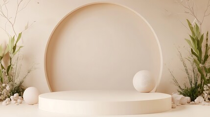 Elegant Beige Product Display Podium with Minimalist Botanical Decor Perfect for showcasing cosmetics,perfumes,jewelry