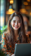 Happy Asian Woman Working on Laptop in Cafe
