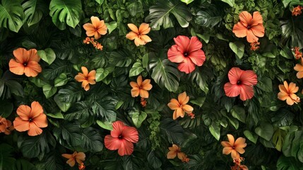 Fototapeta premium Exotic Tropical Rainforest Paradise with Vibrant Hibiscus Flowers Seamless Background