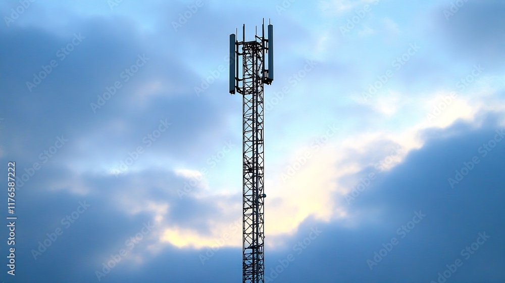 Poster tall communication tower piercing through moody cloudy sky : generative ai