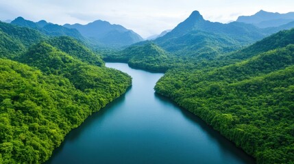 Serene Eco Tourism Destination Showcasing Untouched Natural Beauty in Lush Verdant Mountains and Lake   Idyllic Landscape for Sustainable Travel and Adventure in Pristine Wilderness