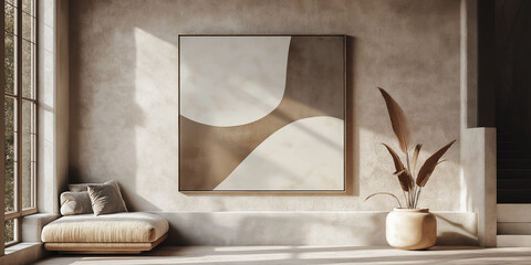 Large boho-inspired canvas art featuring layered earthy tones and abstract shapes, propped against a textured wall, natural light adding depth